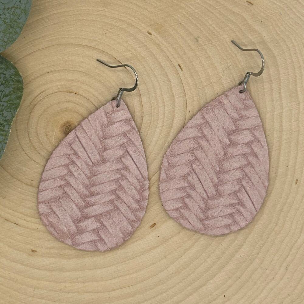 5/$25 Genuine Leather Braided Fishtail Rose Pink Teardrop Earrings